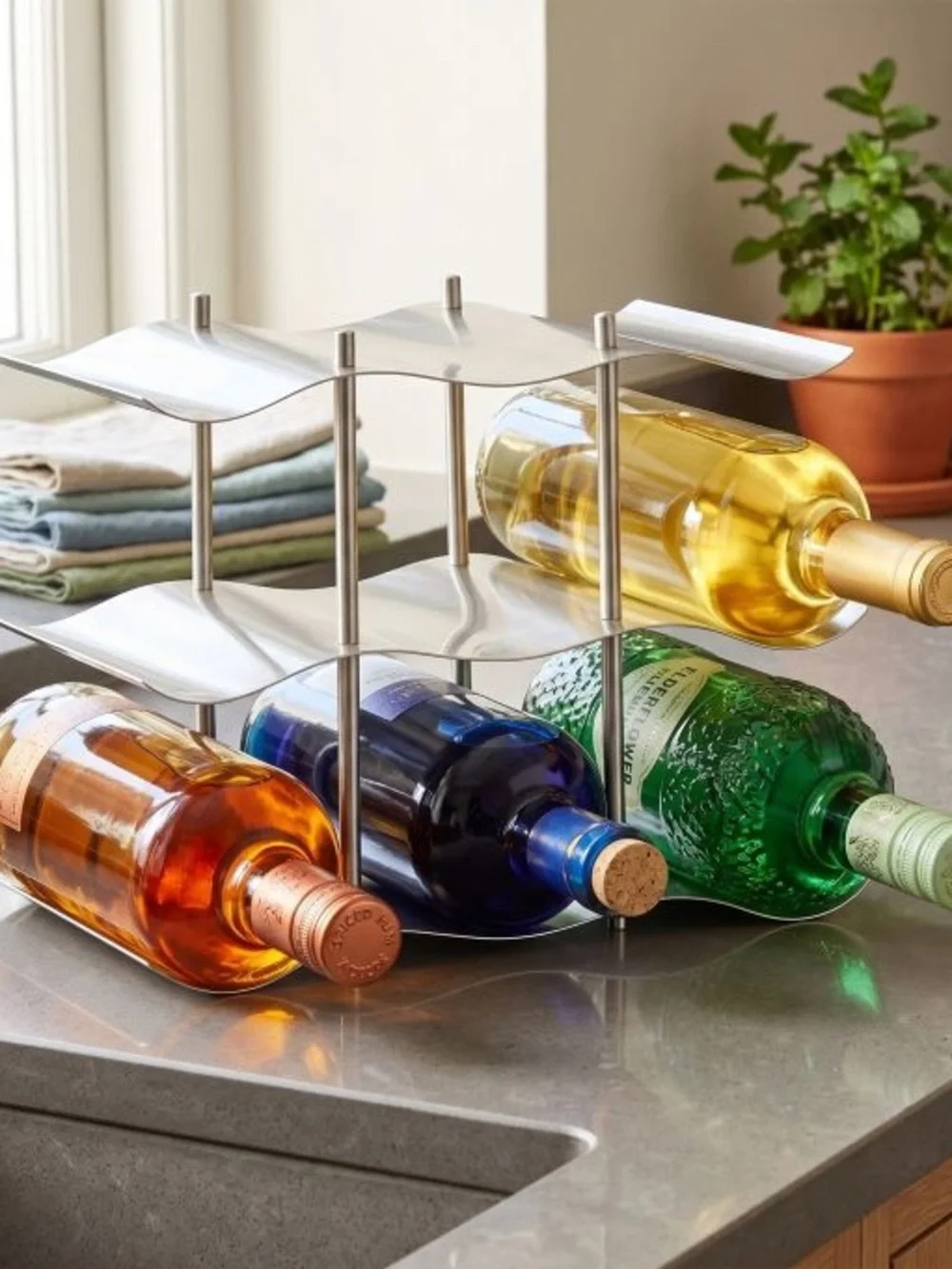Stainless Steel 9 Wine Bottle Wavy Storage Rack